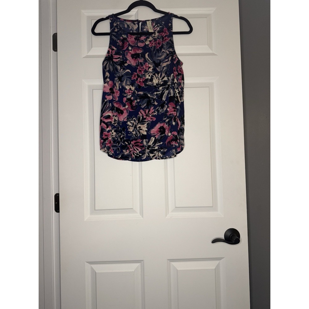 Allison Joy Chiffon Floral Multicolor Tank Top Keyhole Button Small